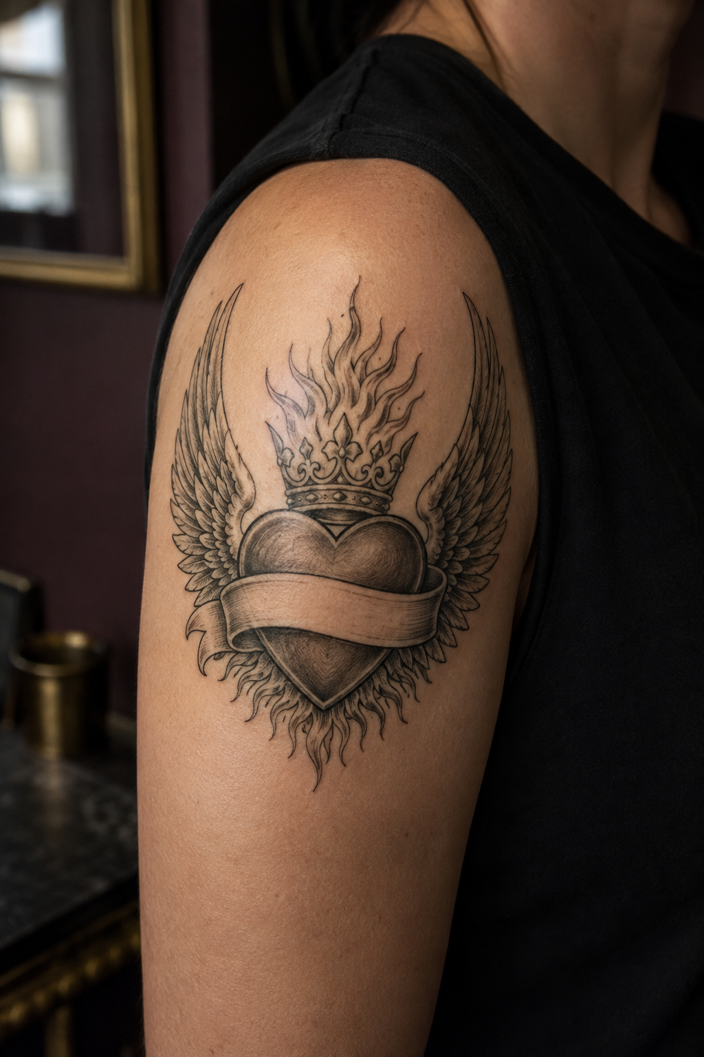 Winged sacred-heart-inspired tattoo with a blank banner