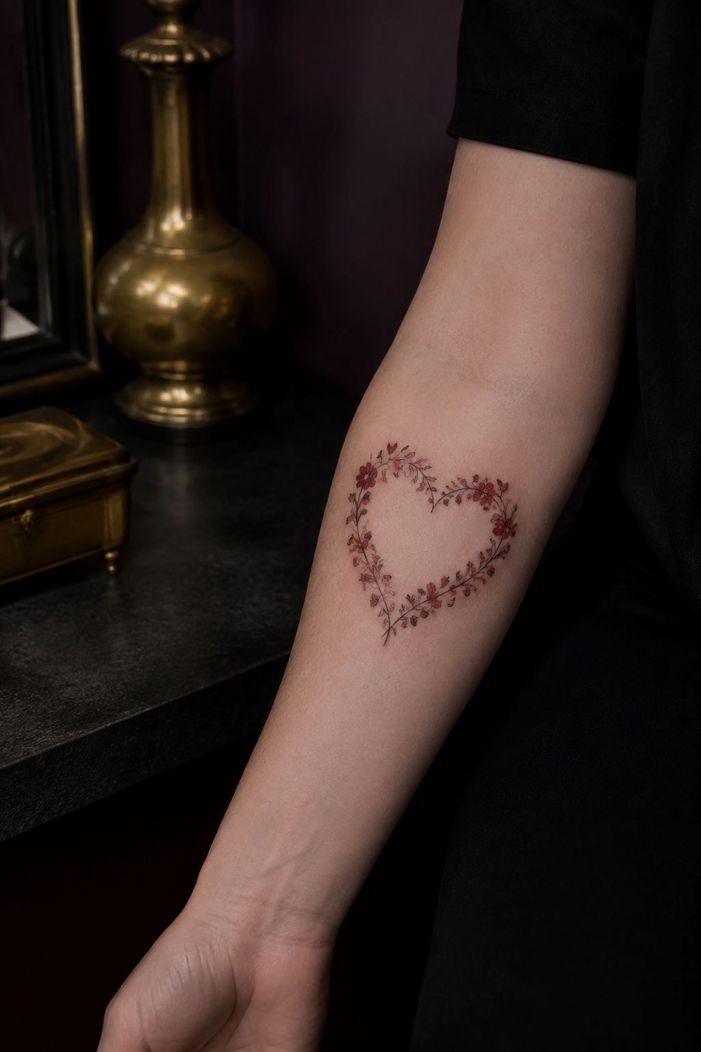 Floral heart tattoo with an open personalized center