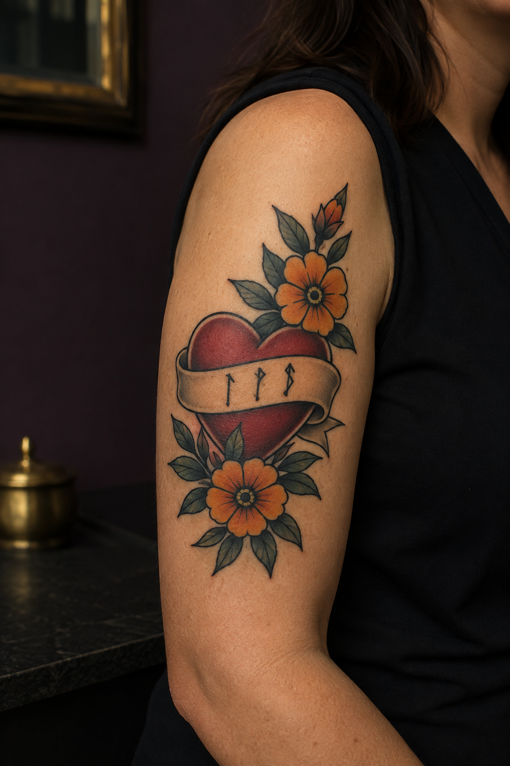 Traditional heart banner with abstract initials and flowers