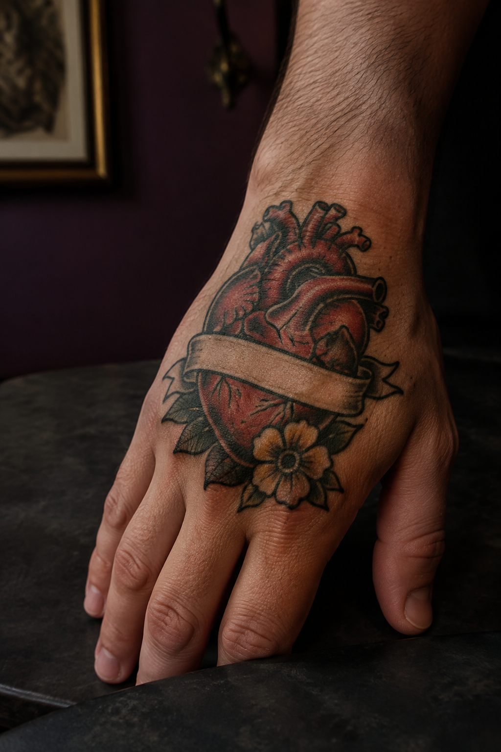 Bold heart banner tattoo with a flower on an adult hand