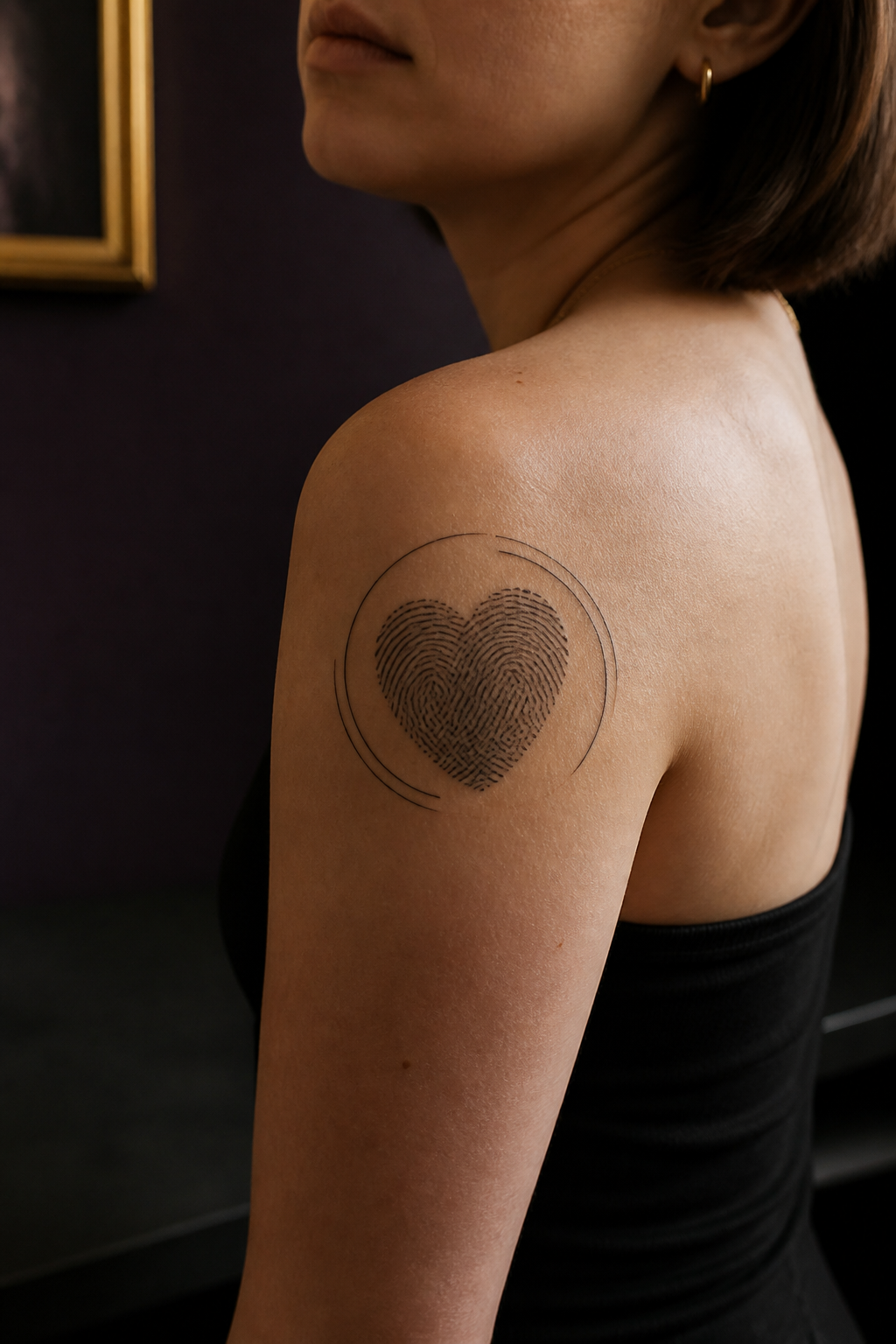 Fingerprint-texture heart tattoo on an adult shoulder