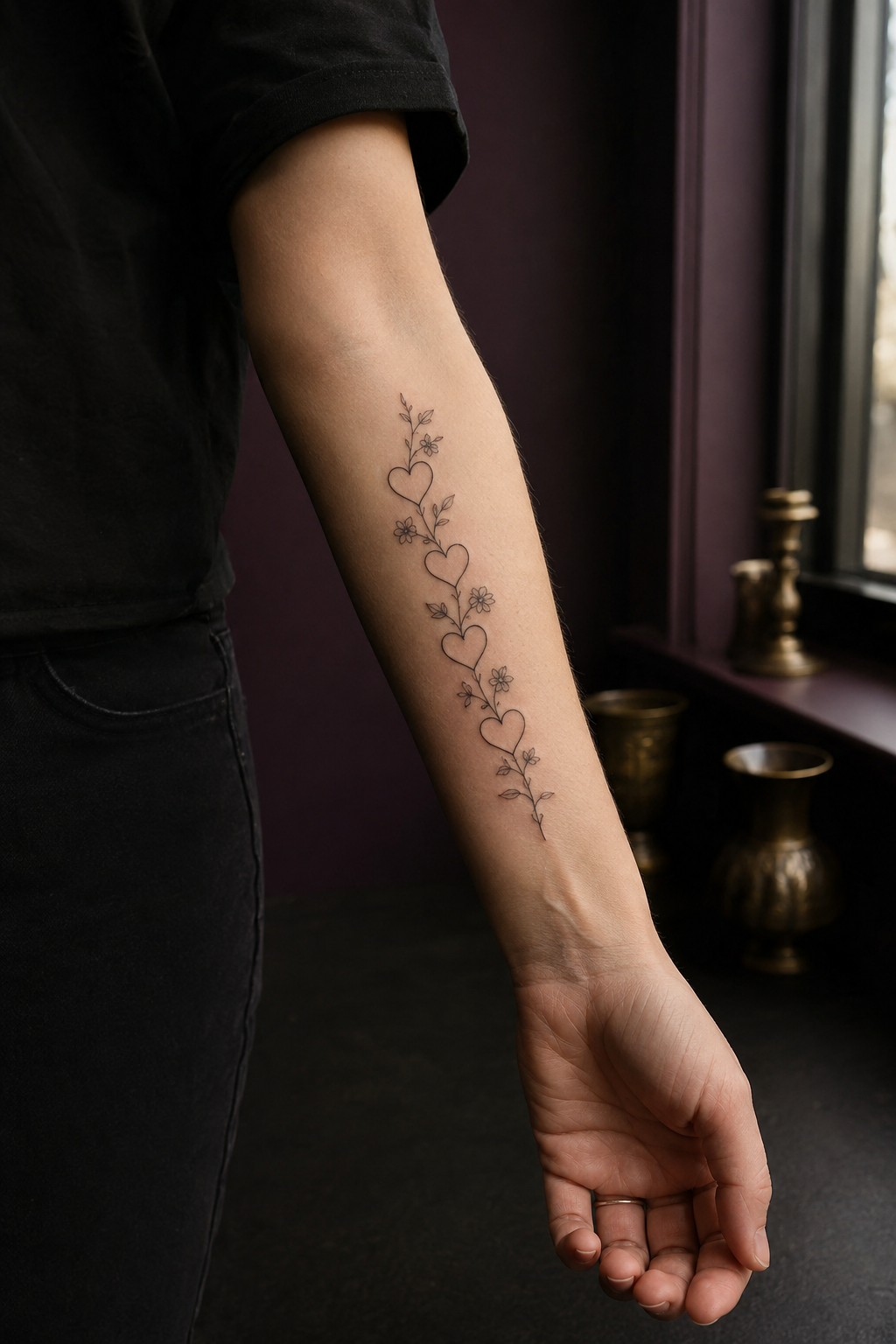 Four blank hearts linked by a fine botanical forearm vine