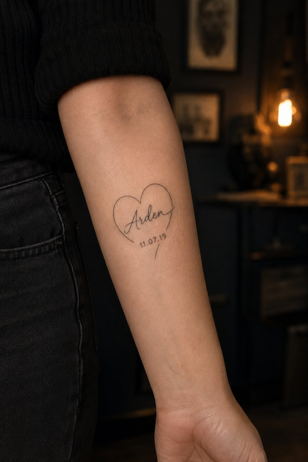 Heart with name tattoo ideas using a fine-line name and meaningful date