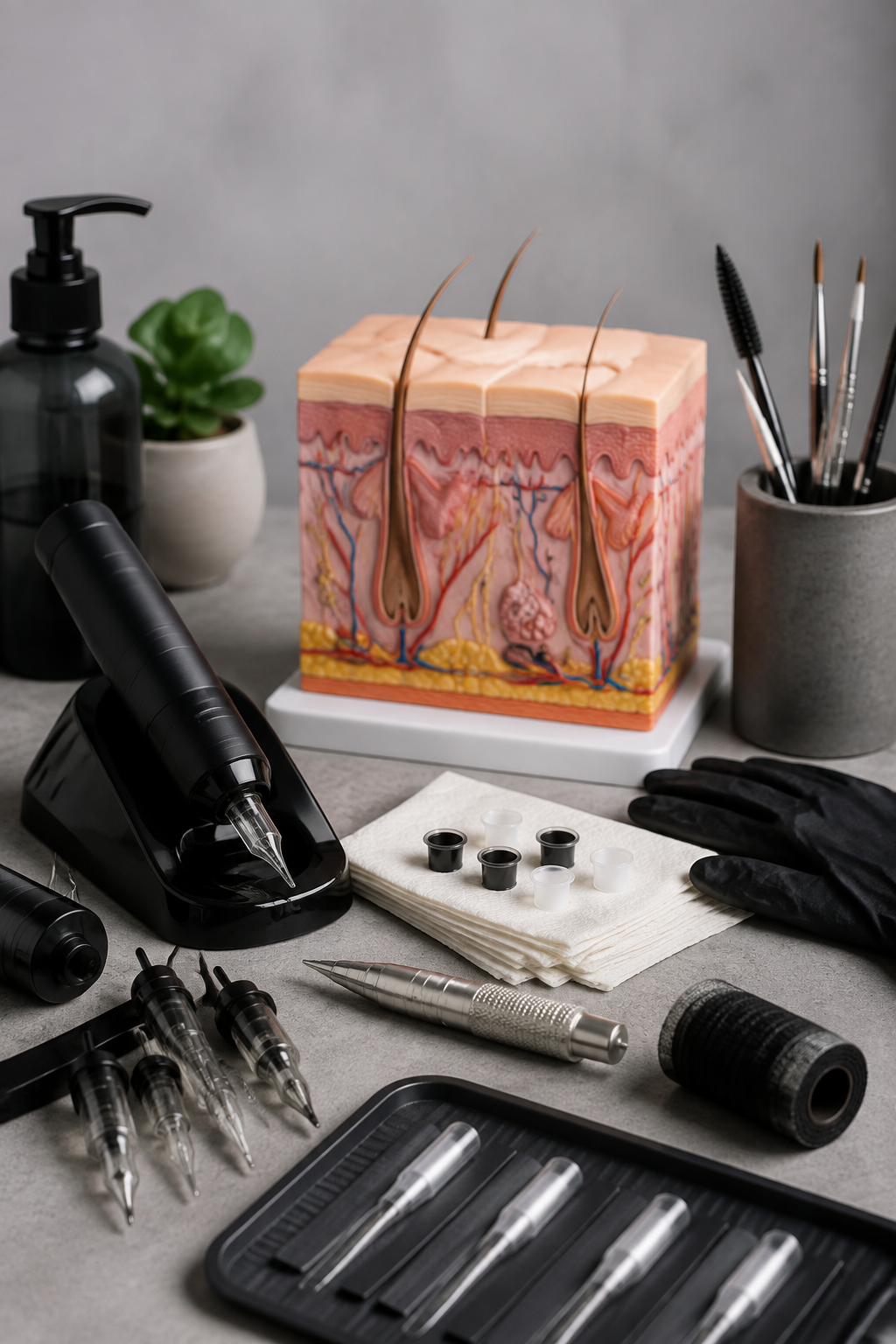 how deep tattoo ink goes: professional tattoo machine setup beside an anatomical skin training model