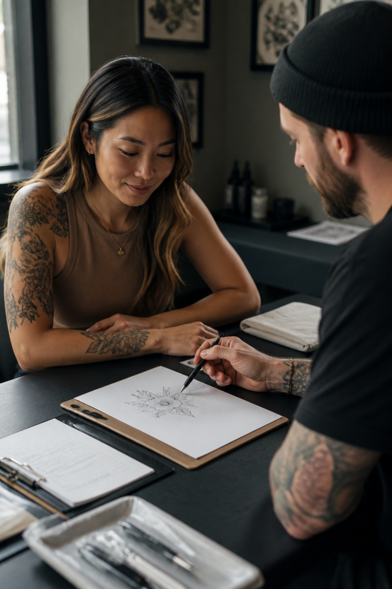how much does a tattoo cost — artist and client reviewing a custom design
