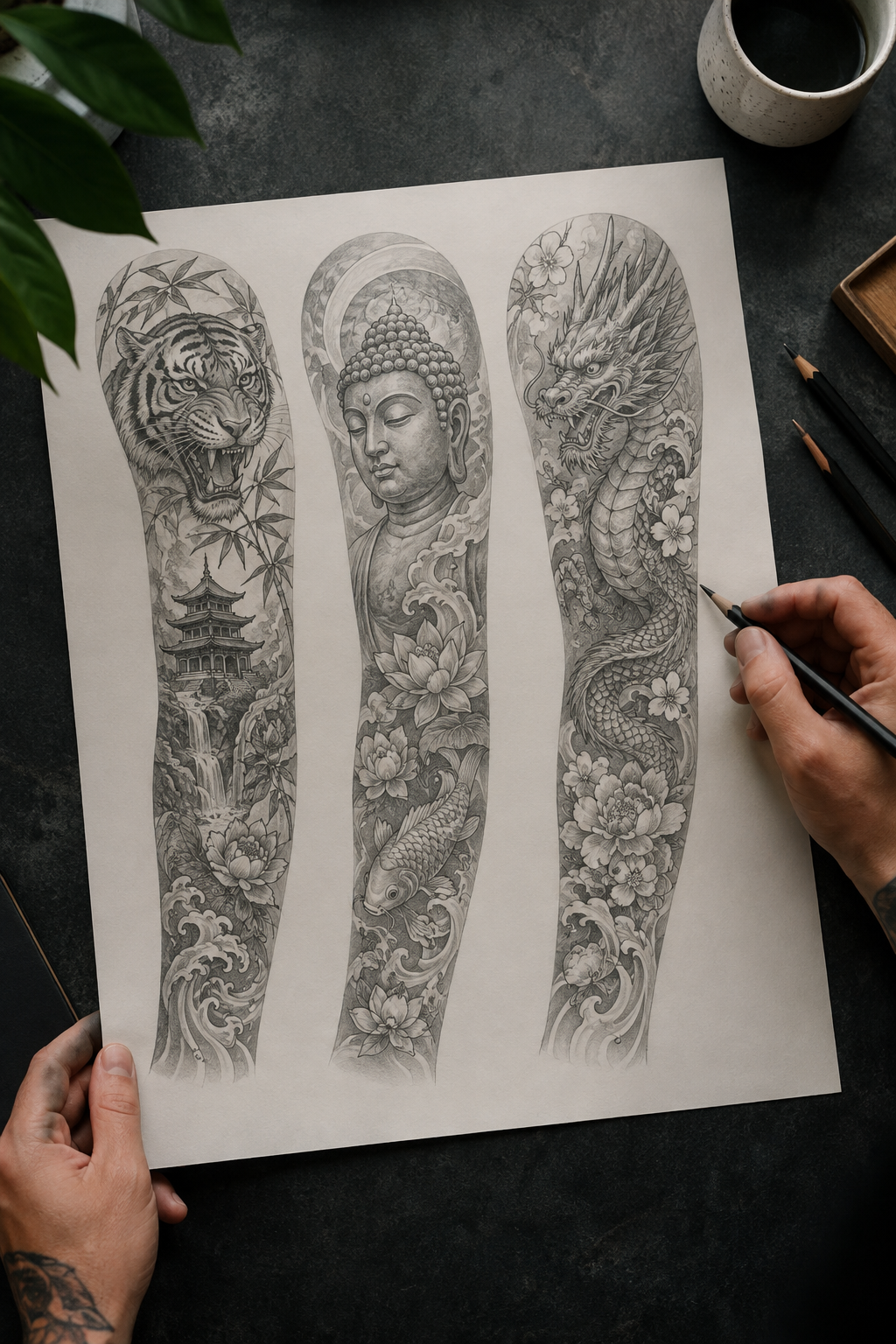 how to choose a tattoo artist: artist portfolio showing cohesive sleeve composition sketches
