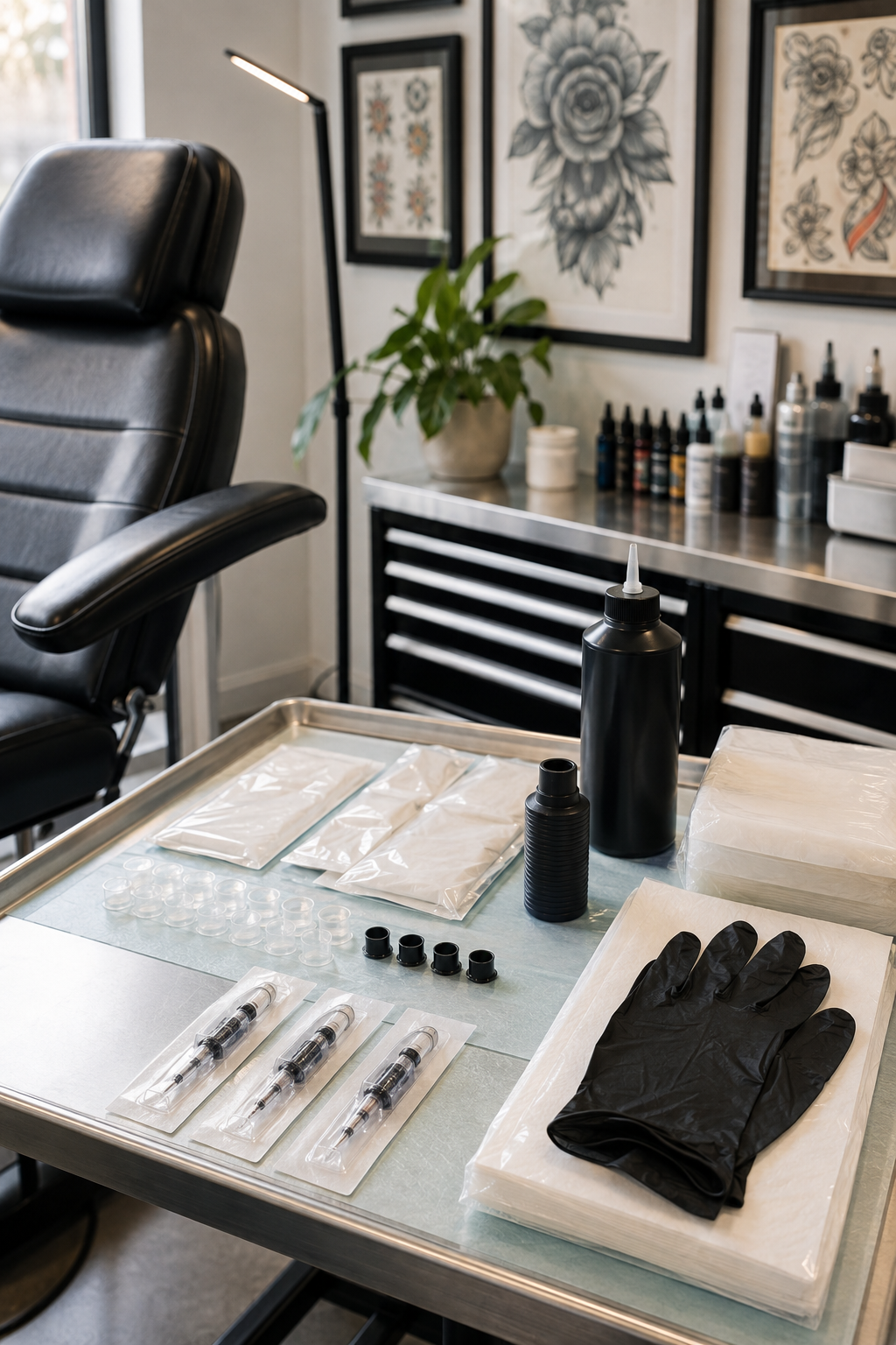 how to choose a tattoo artist: bright orderly tattoo studio with sealed supplies and clean surfaces