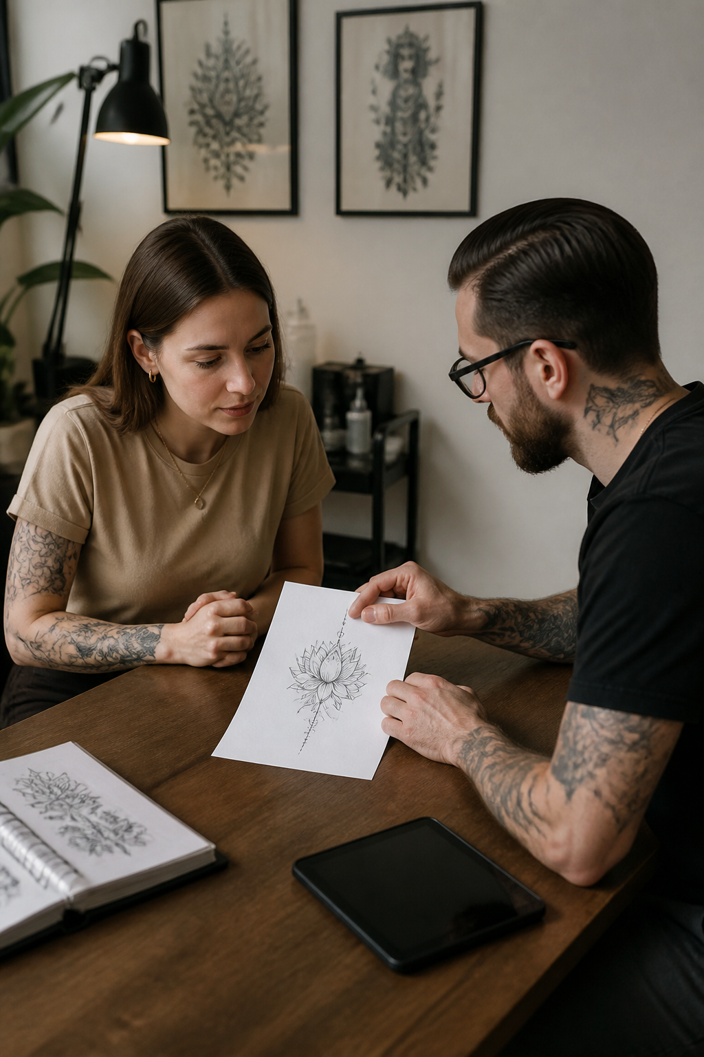 how to choose a tattoo artist: client and tattoo artist discussing a paper design at a desk