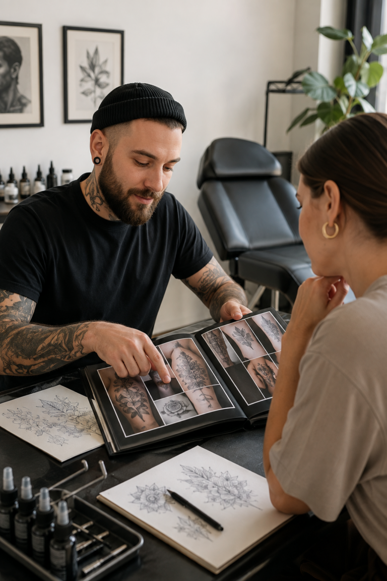 how to choose a tattoo artist: professional tattoo consultation with portfolio pages and clean studio tools