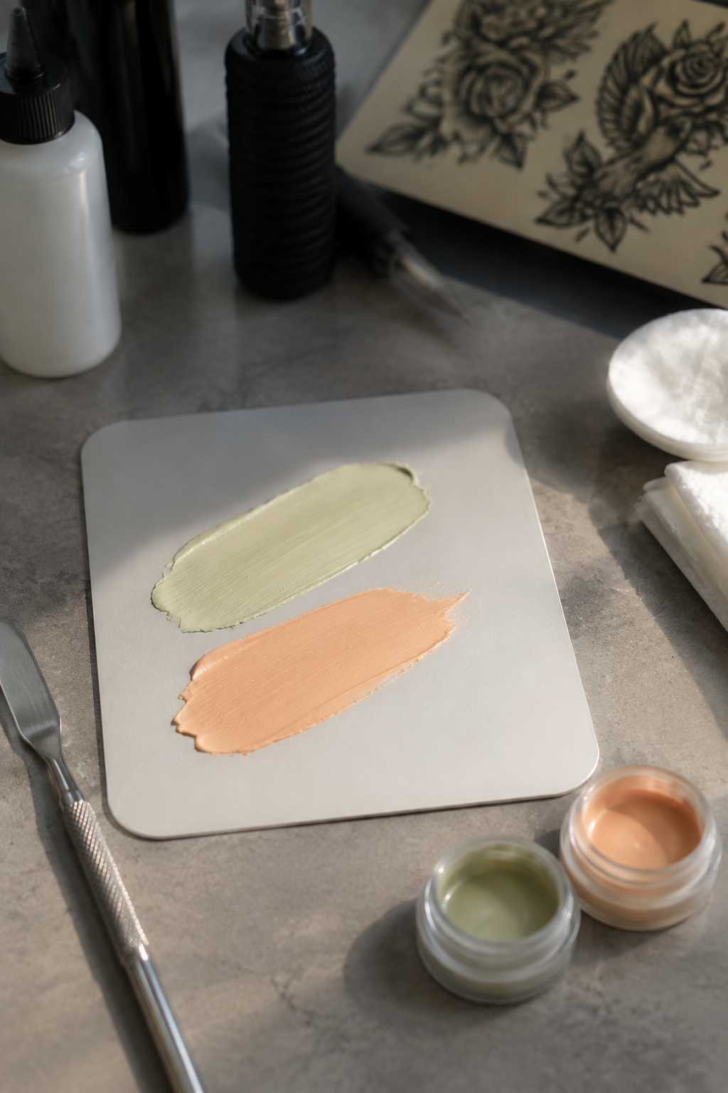 how to hide a tattoo for work: thin layers of color corrector and concealer on a neutral practice palette