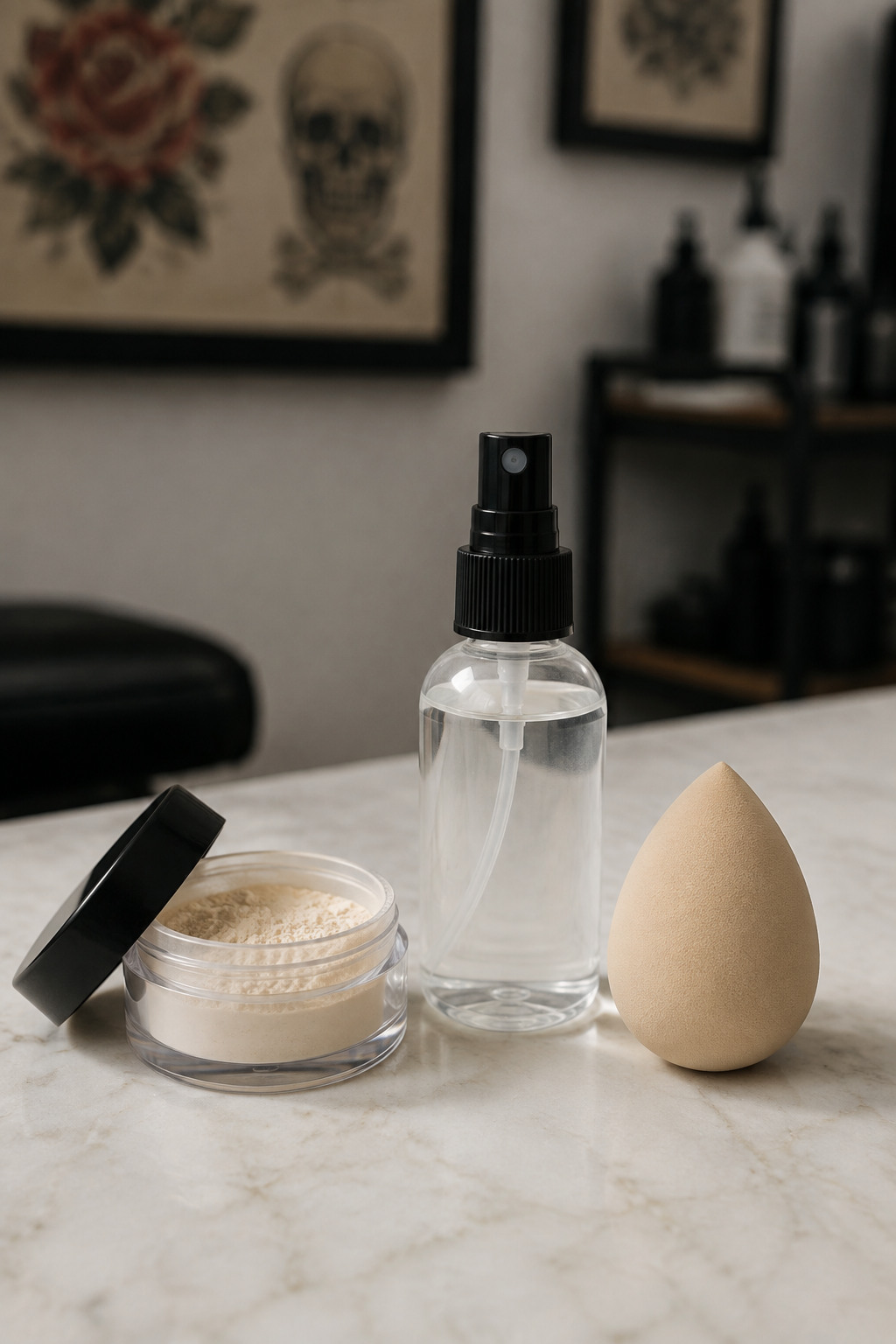 how to hide a tattoo for work: translucent setting powder and spray beside a clean makeup sponge