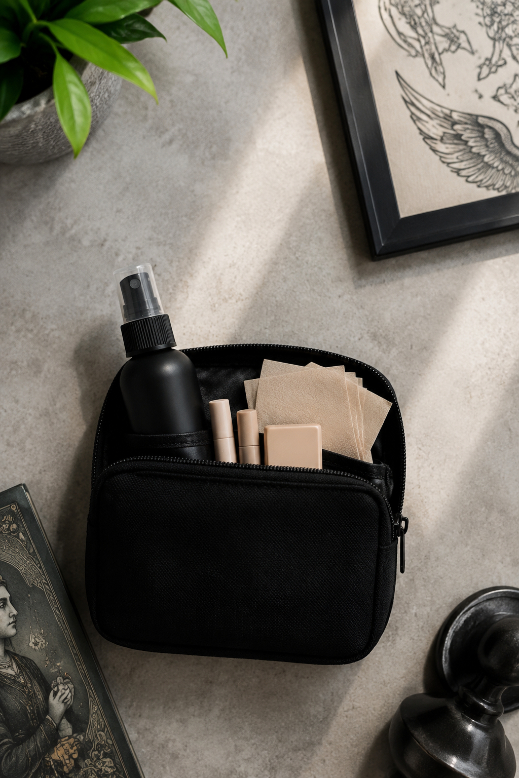 how to hide a tattoo for work: compact discreet touch-up kit with blotting paper and setting spray
