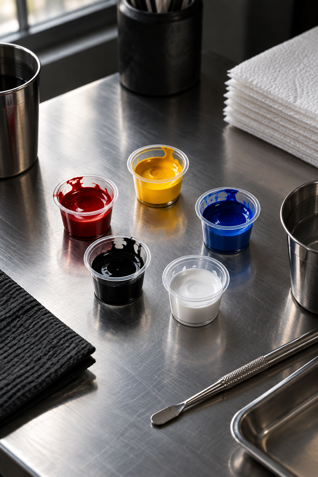 Tattoo ink color mixing cups arranged in a studio