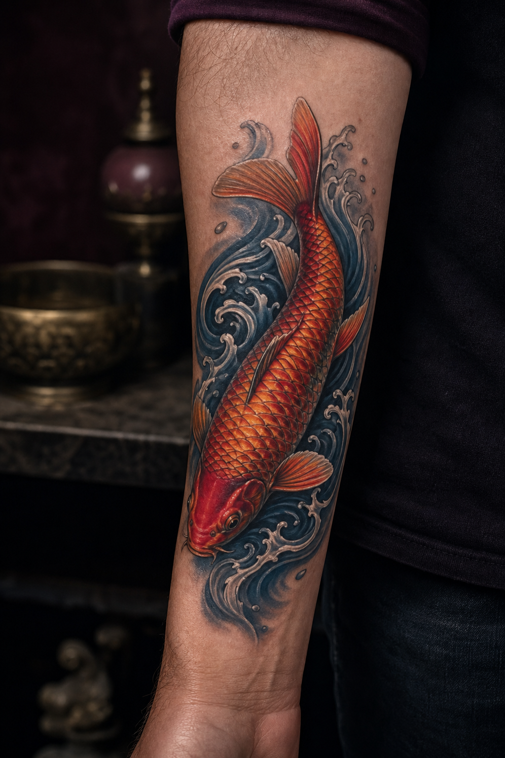 koi fish forearm tattoo ideas — colorful koi in motion