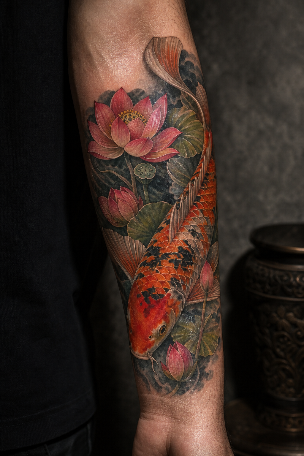 koi fish forearm tattoo ideas — koi with lotus flowers
