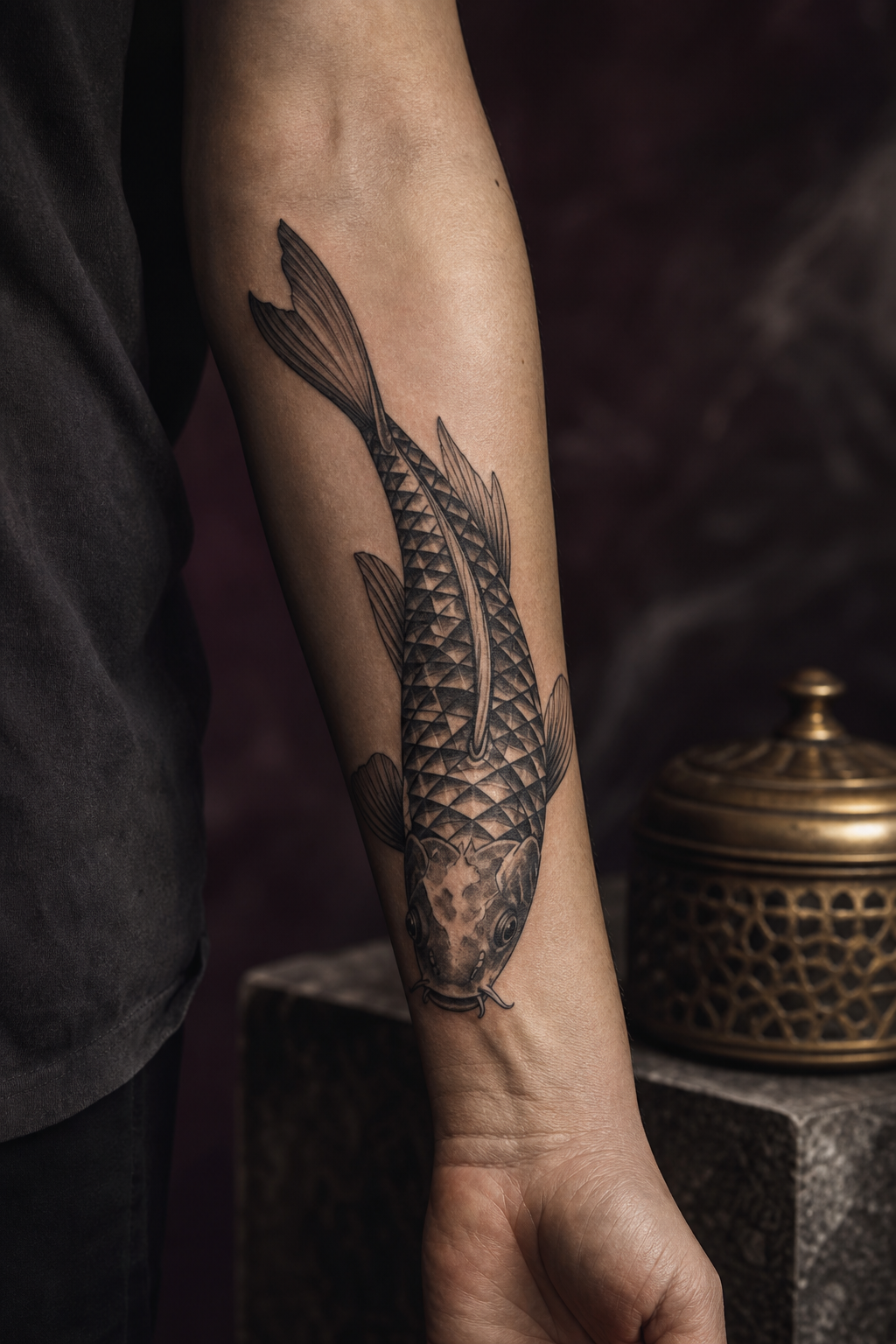 koi fish forearm tattoo ideas — geometric koi design