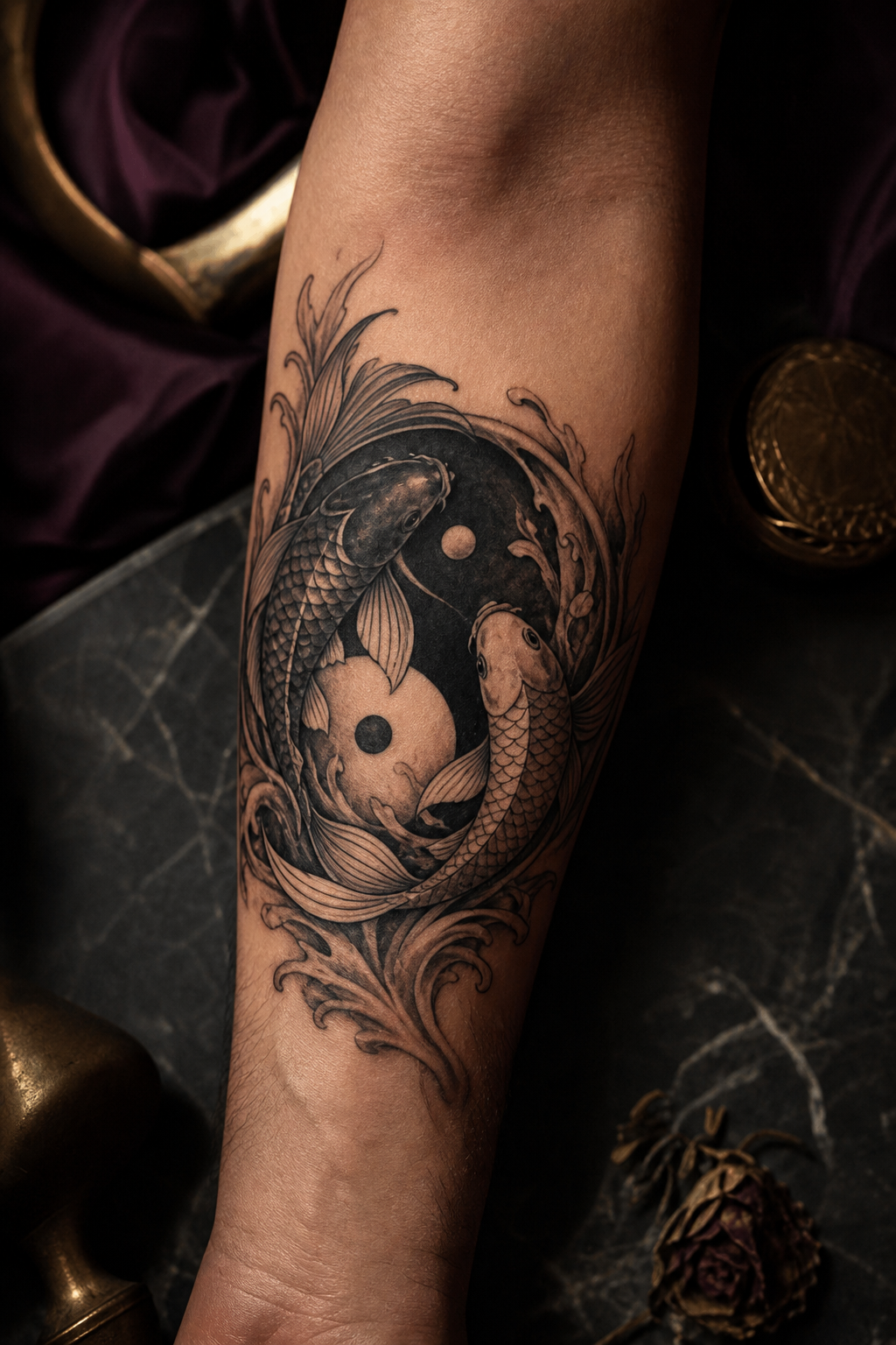 koi fish forearm tattoo ideas — yin-yang koi pairing