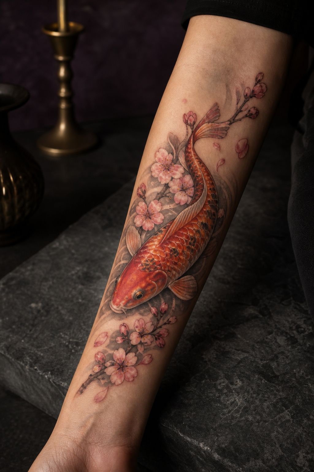 koi fish forearm tattoo ideas — koi with cherry blossoms
