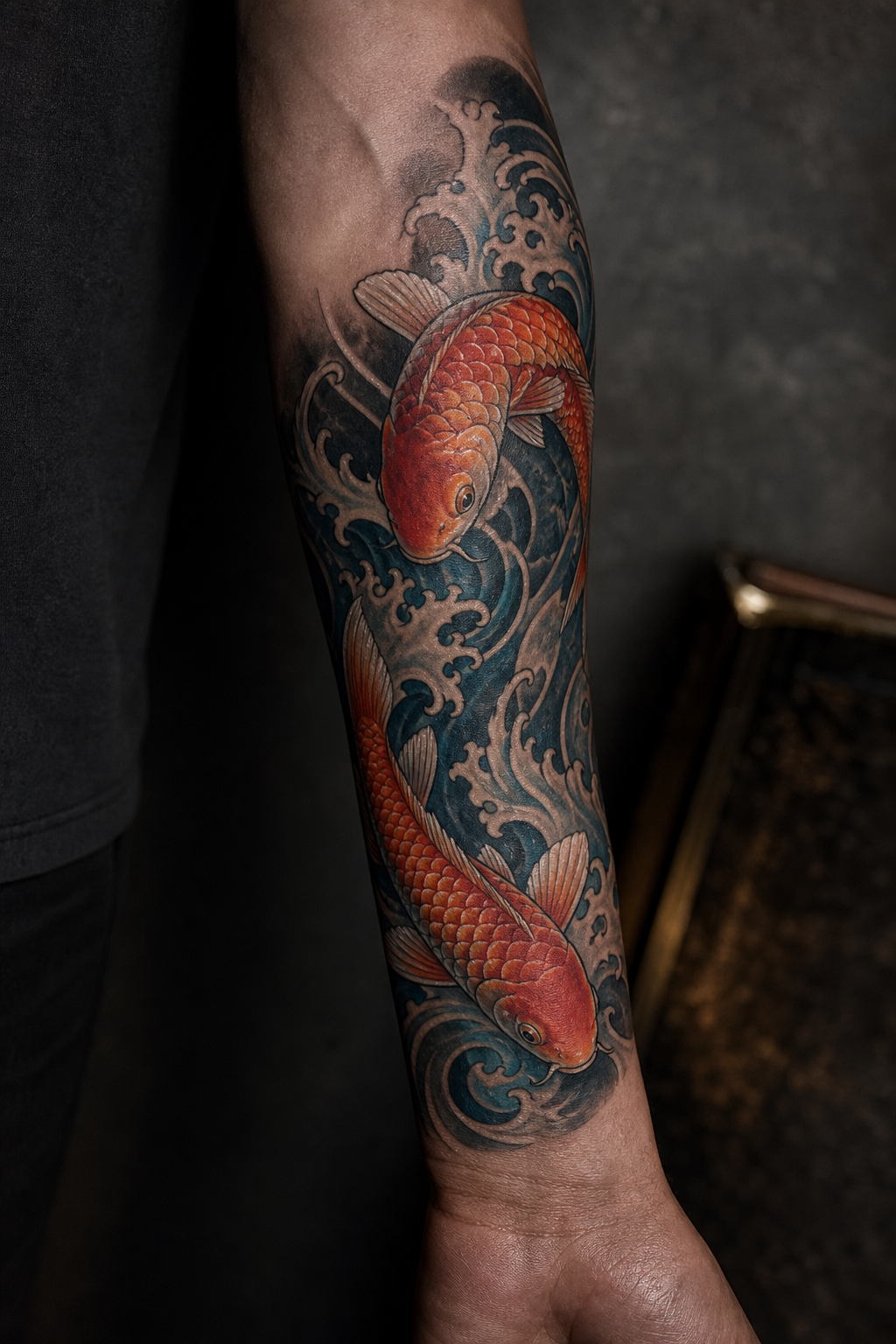 koi fish forearm tattoo ideas — koi with waves