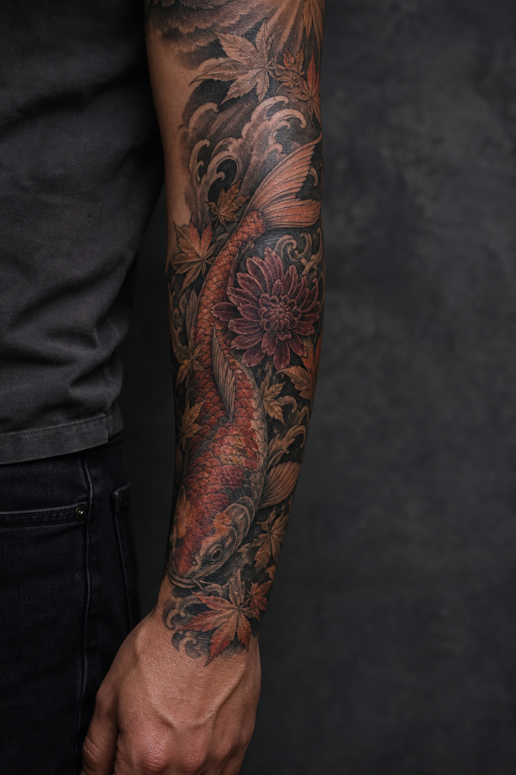 koi fish forearm tattoo ideas — half-sleeve koi and nature
