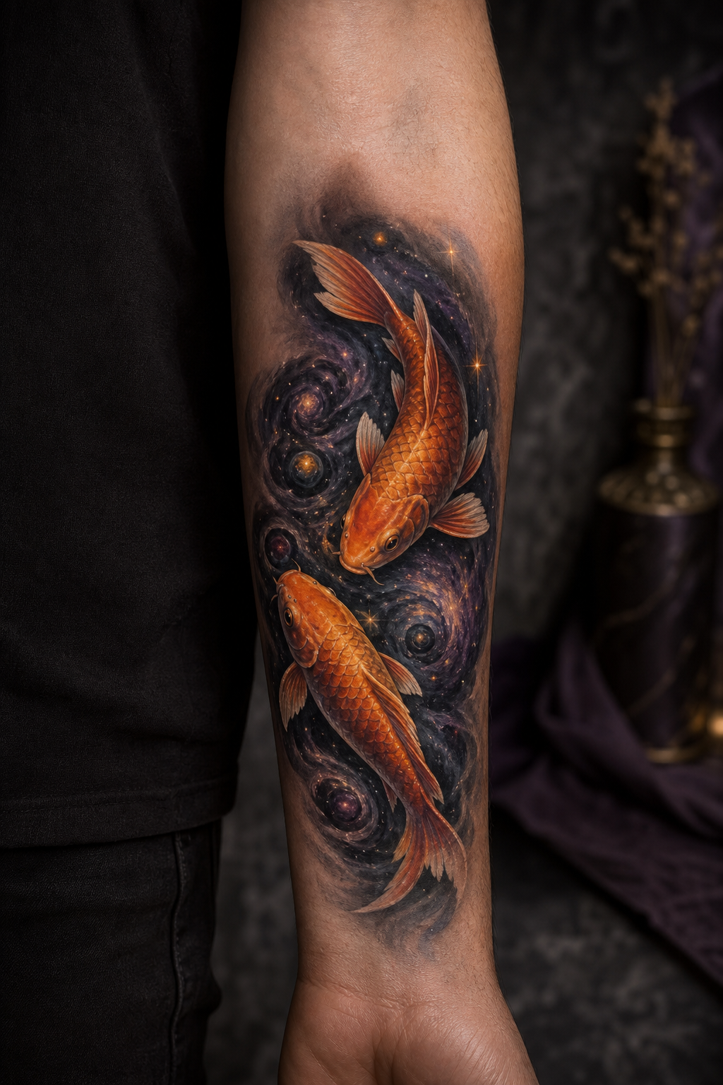 koi fish forearm tattoo ideas — koi with galaxy elements
