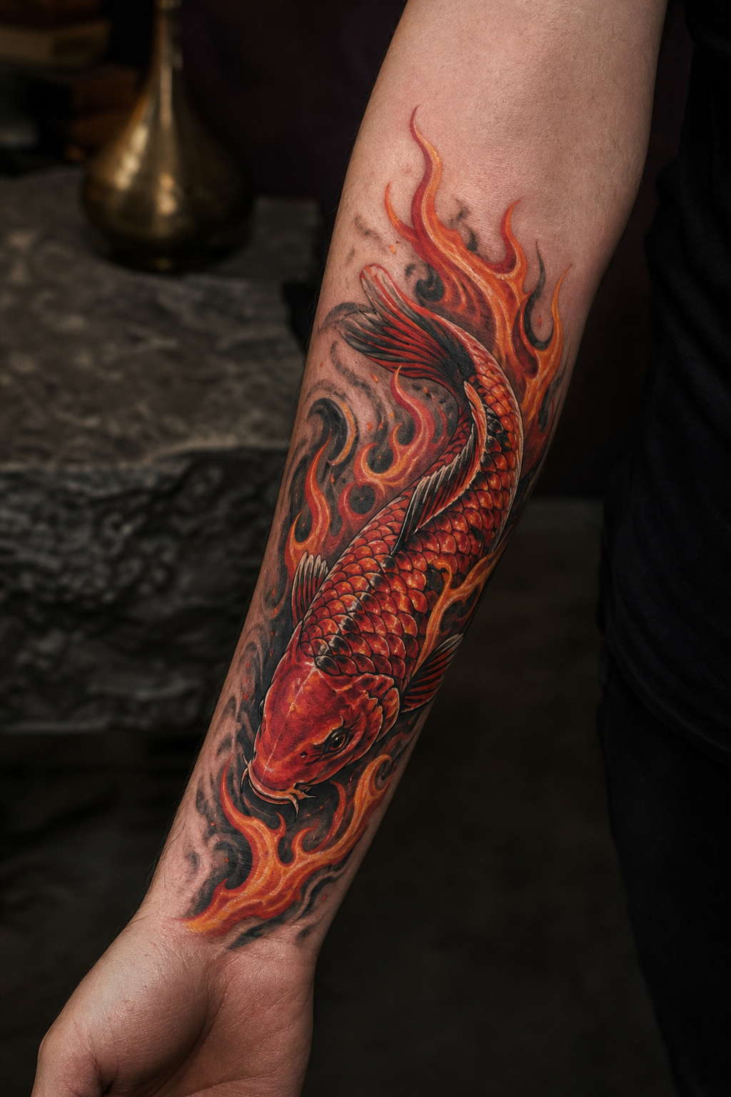 koi fish forearm tattoo ideas — koi with fire elements