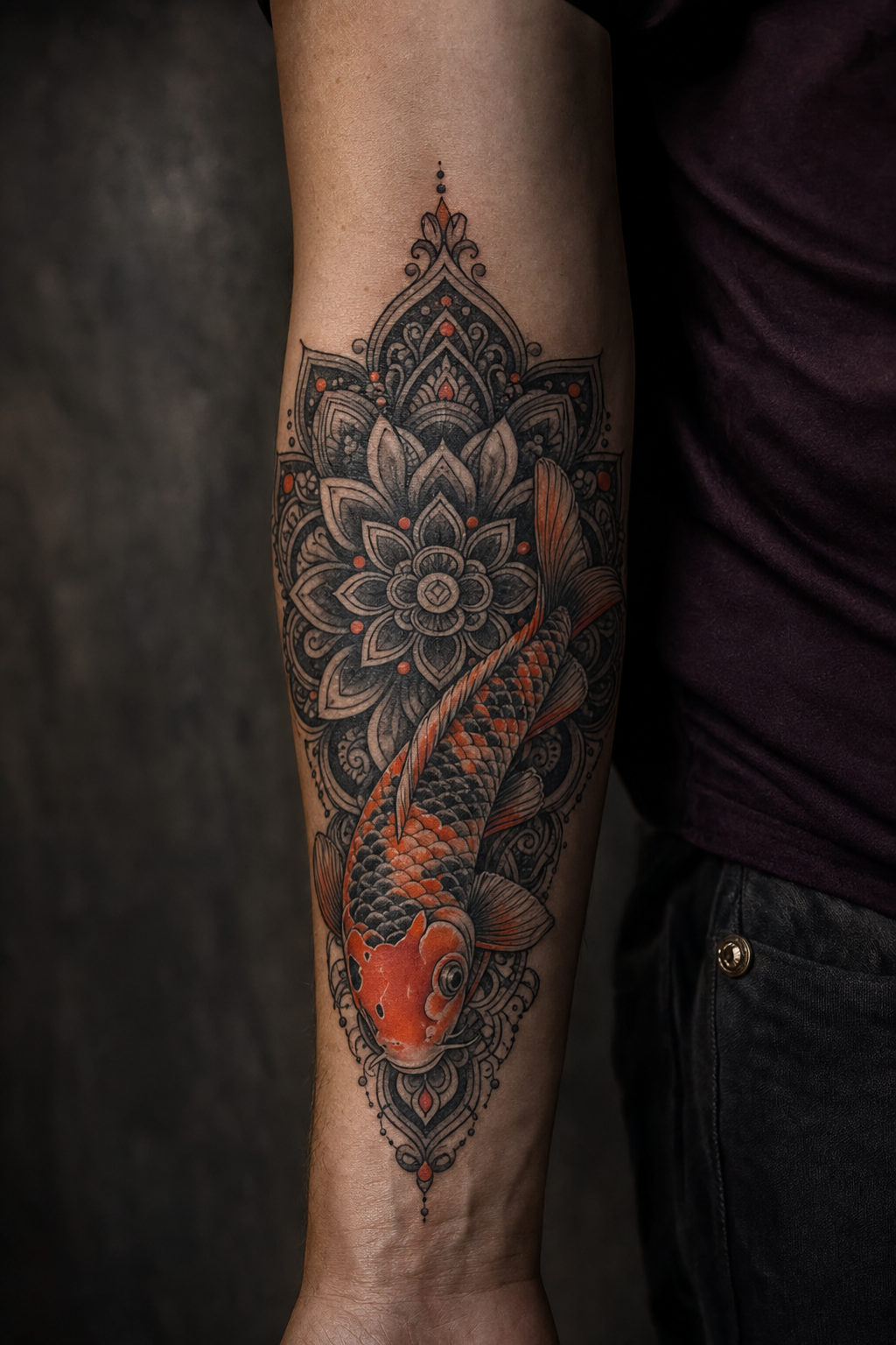 koi fish forearm tattoo ideas — koi with mandala patterns