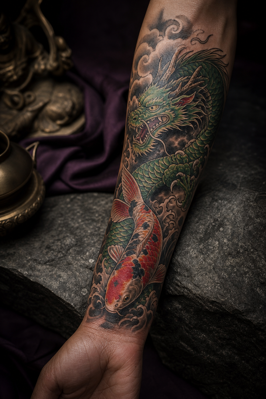 koi fish forearm tattoo ideas — koi with a dragon