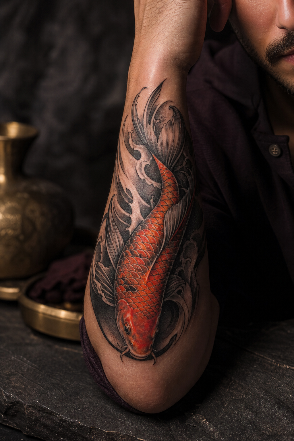 koi fish forearm tattoo ideas — koi with flowing negative space