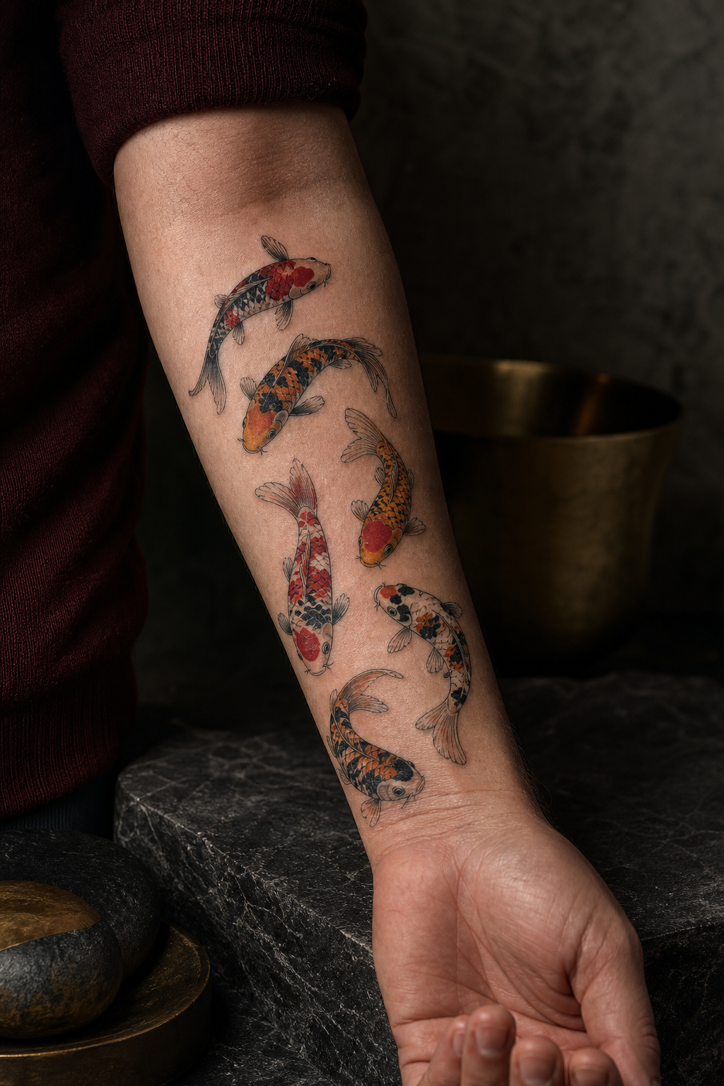 koi fish forearm tattoo ideas — cohesive koi forearm composition