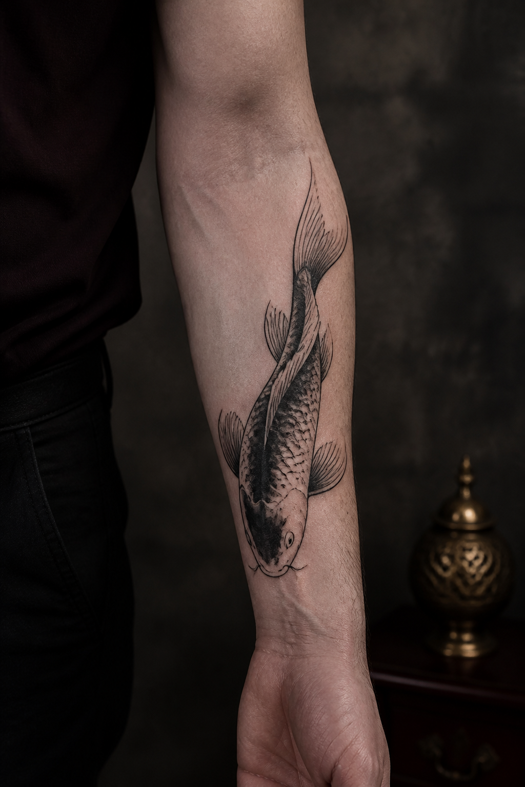 koi fish forearm tattoo ideas — minimalist black koi