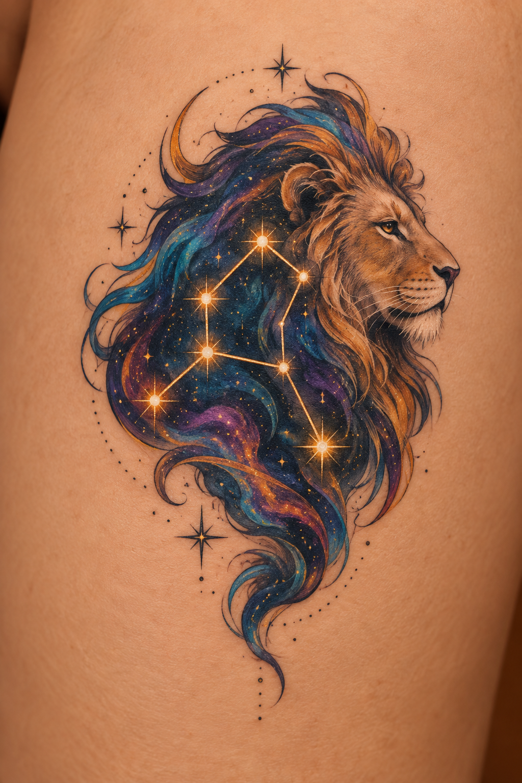 Colorful Leo constellation tattoo concept for Leo zodiac tattoo ideas
