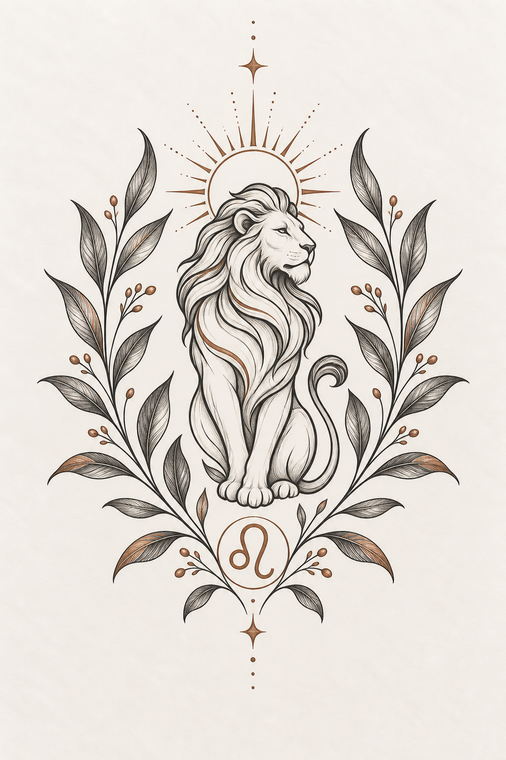 Botanical Leo tattoo concept with leaves and zodiac symbolism