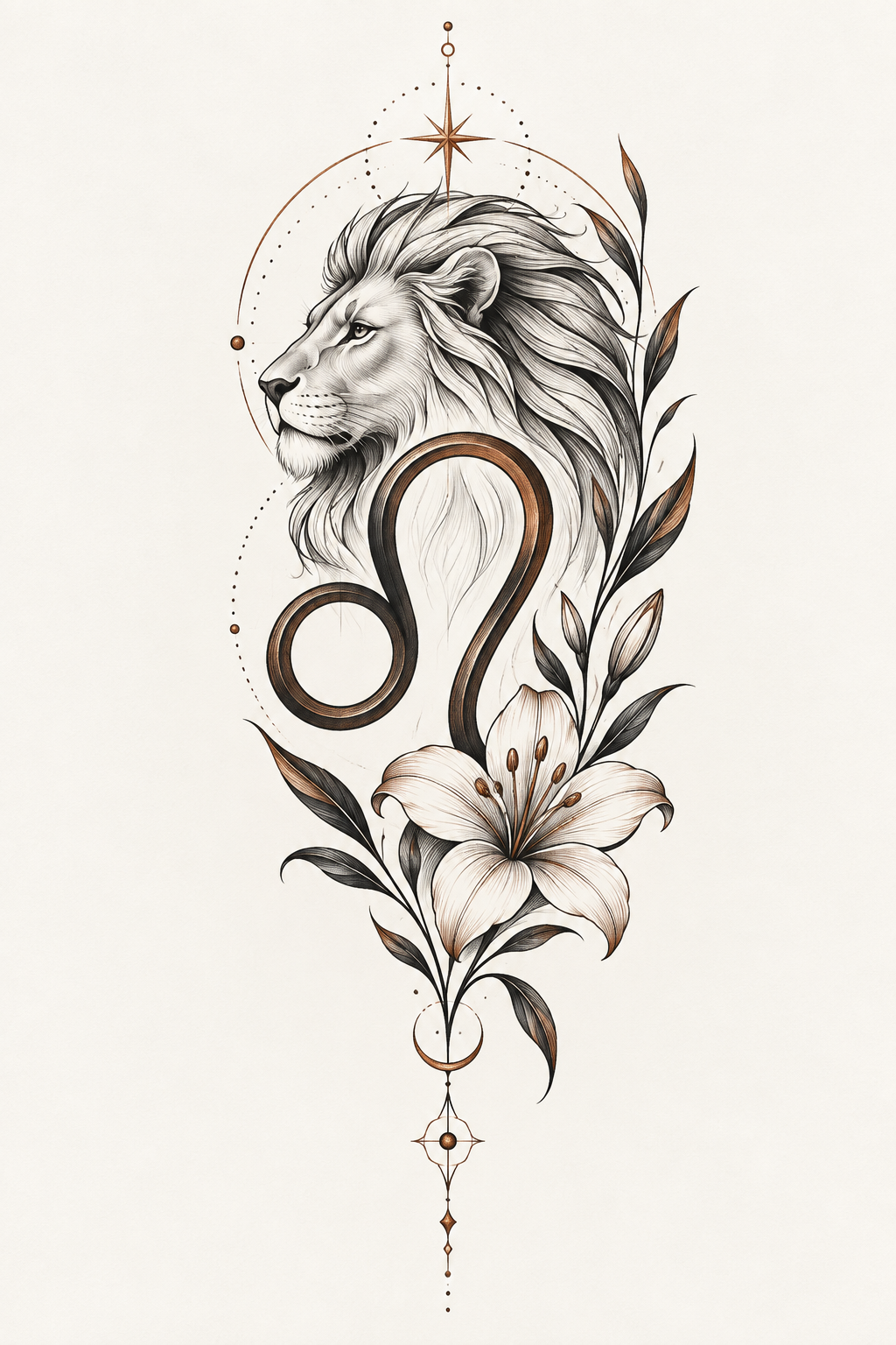 Floral Leo symbol tattoo concept for a vertical arm composition