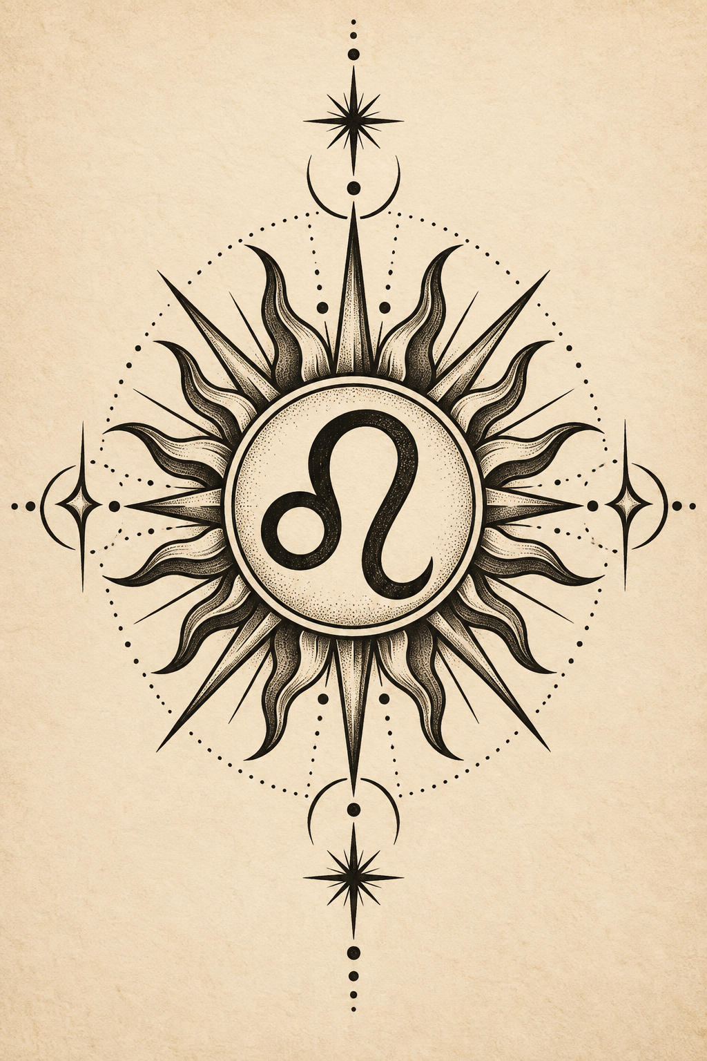 Leo sun motif tattoo concept with radiating lines