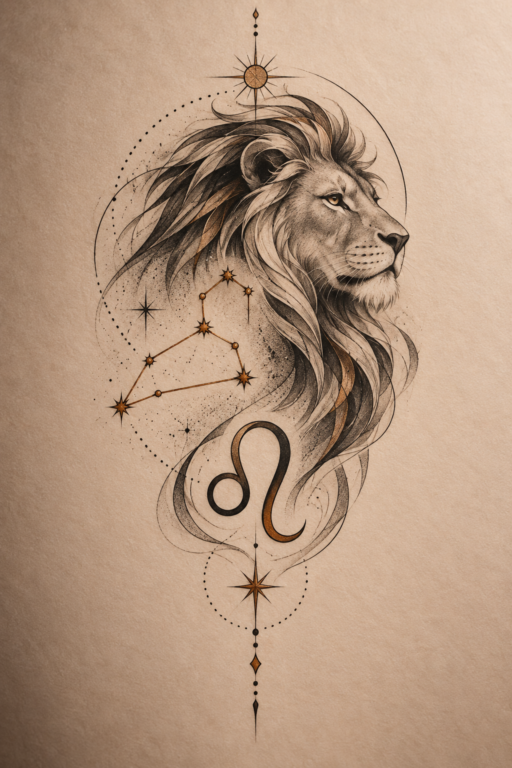 Finished Leo zodiac tattoo concept combining constellation and glyph