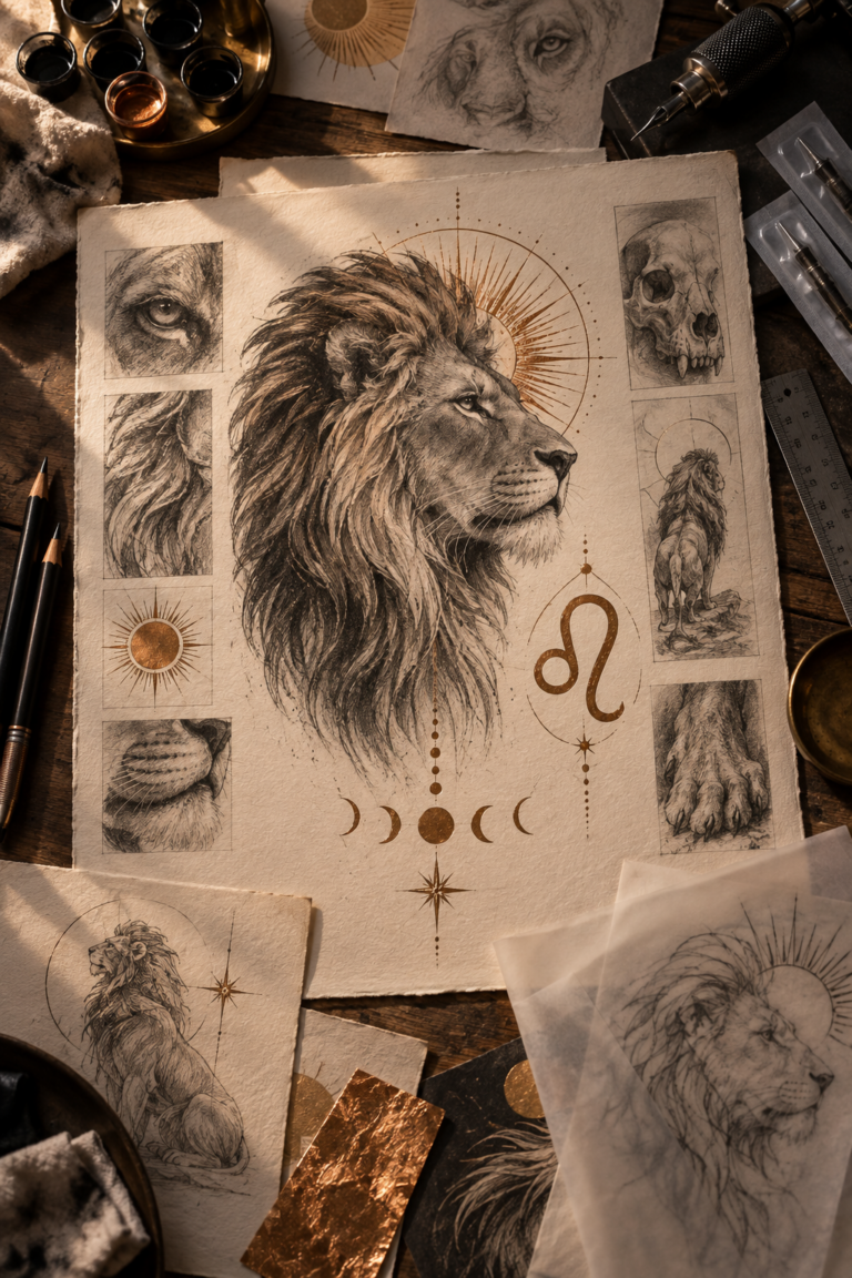 Original Leo lion and zodiac tattoo concept board
