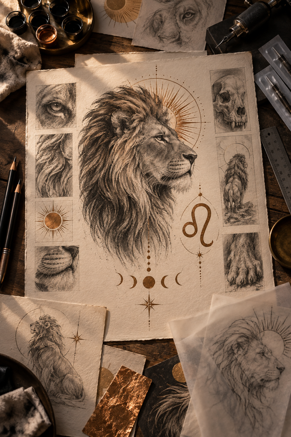 Original Leo lion and zodiac tattoo concept board