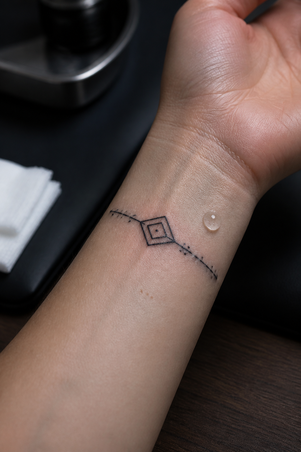 Tattoo peeling aftercare with a small lotion bead beside a geometric wrist tattoo