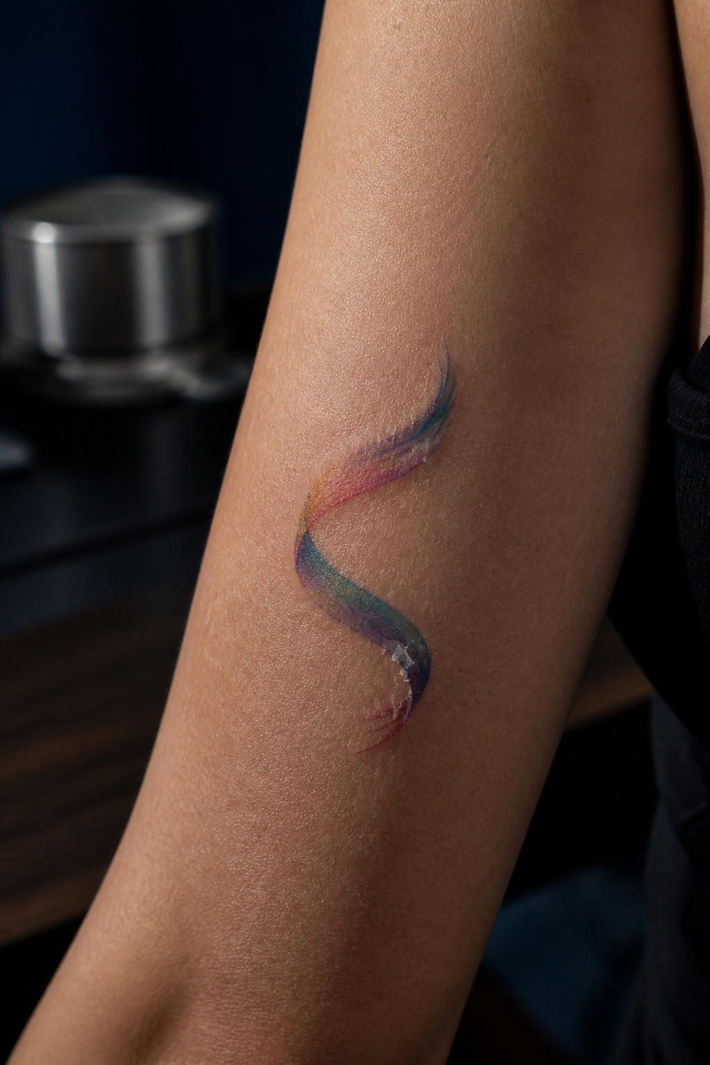 Multicolor tattoo in a calm settling phase with a few dry flakes