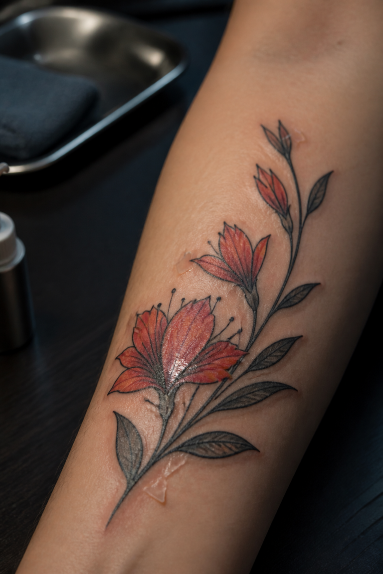 Tattoo peeling aftercare shown on an original red botanical forearm tattoo