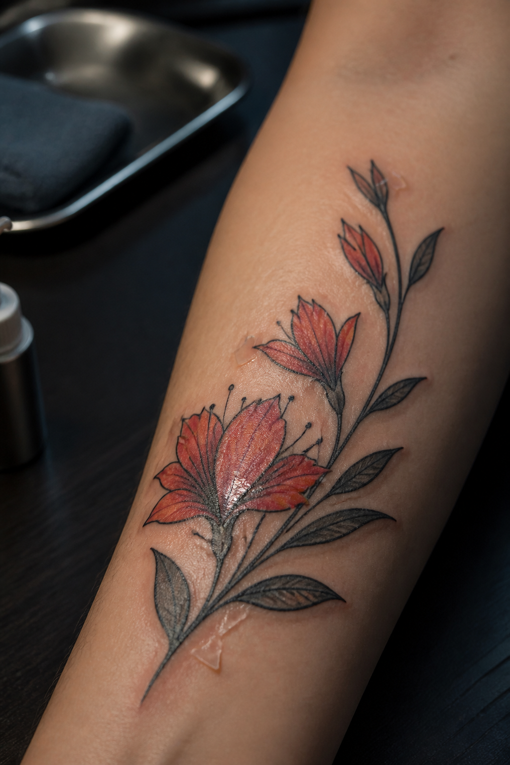 Tattoo peeling aftercare shown on an original red botanical forearm tattoo