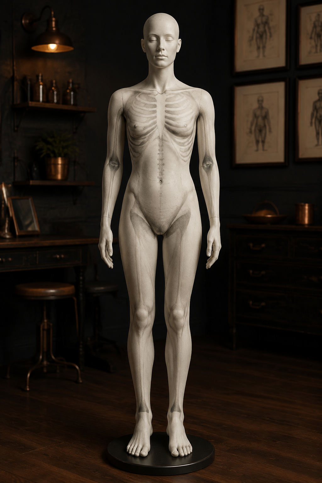 neutral anatomical mannequin illustrating several tattoo placement regions