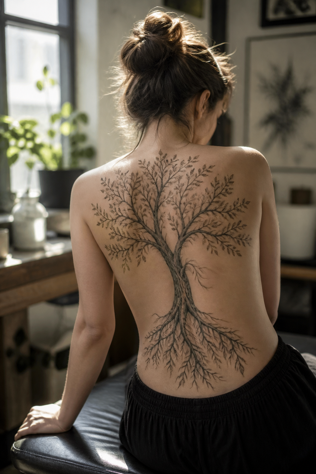Leafy back tattoo representing growth and transformation