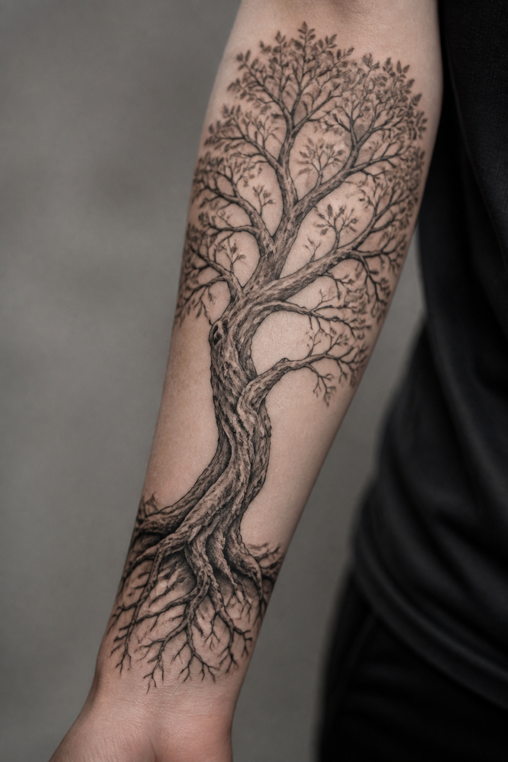 Roots trunk and branches in a detailed forearm tree tattoo