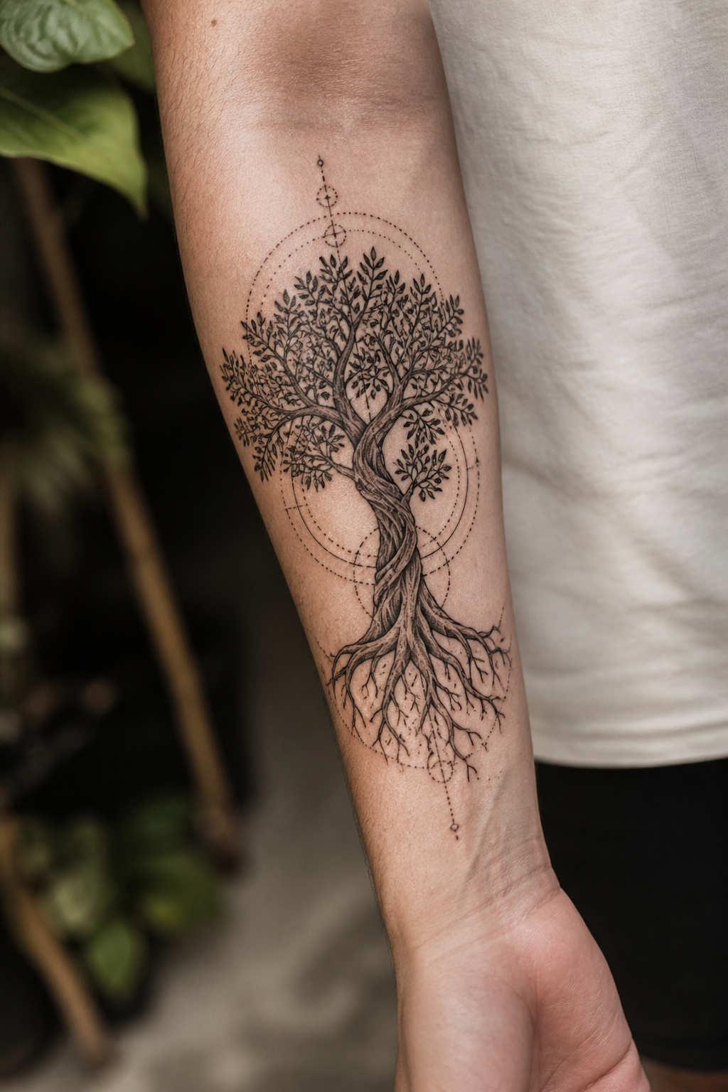 Sacred tree tattoo with balanced roots branches and geometric details