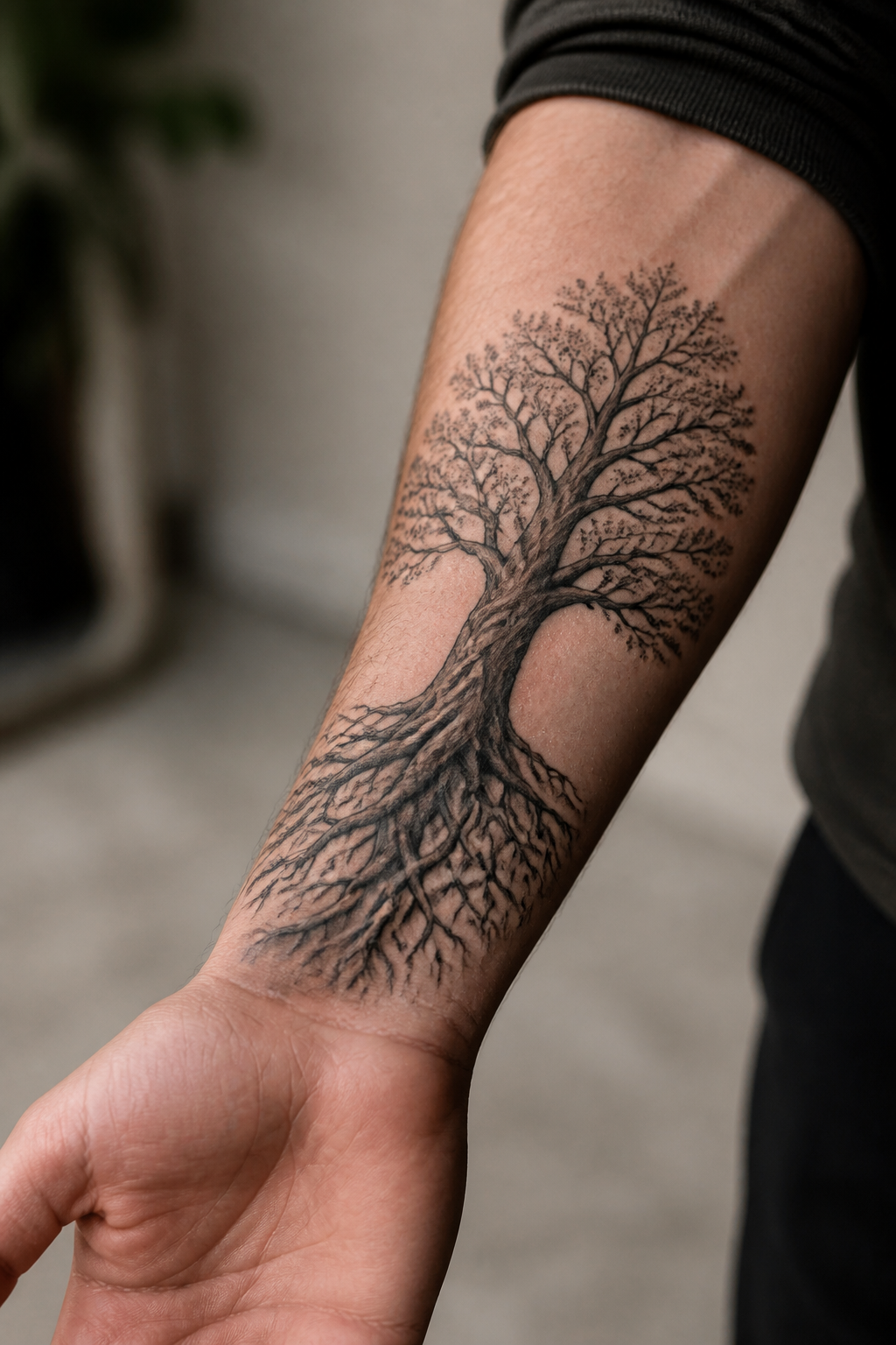 Tree tattoo symbolism shown through a rooted black and gray forearm design