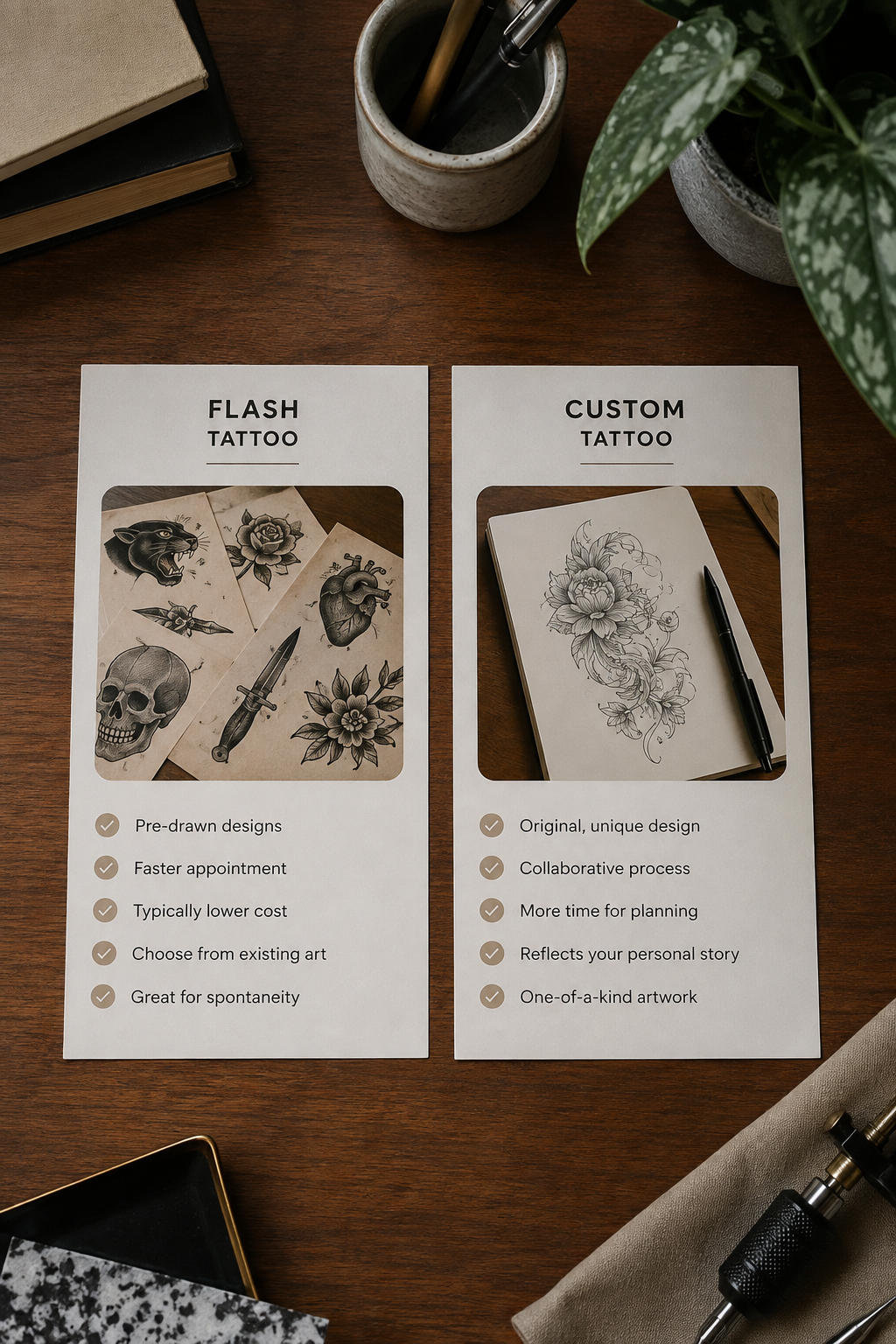 what is a flash tattoo: side-by-side planning cards comparing flash and custom tattoo routes