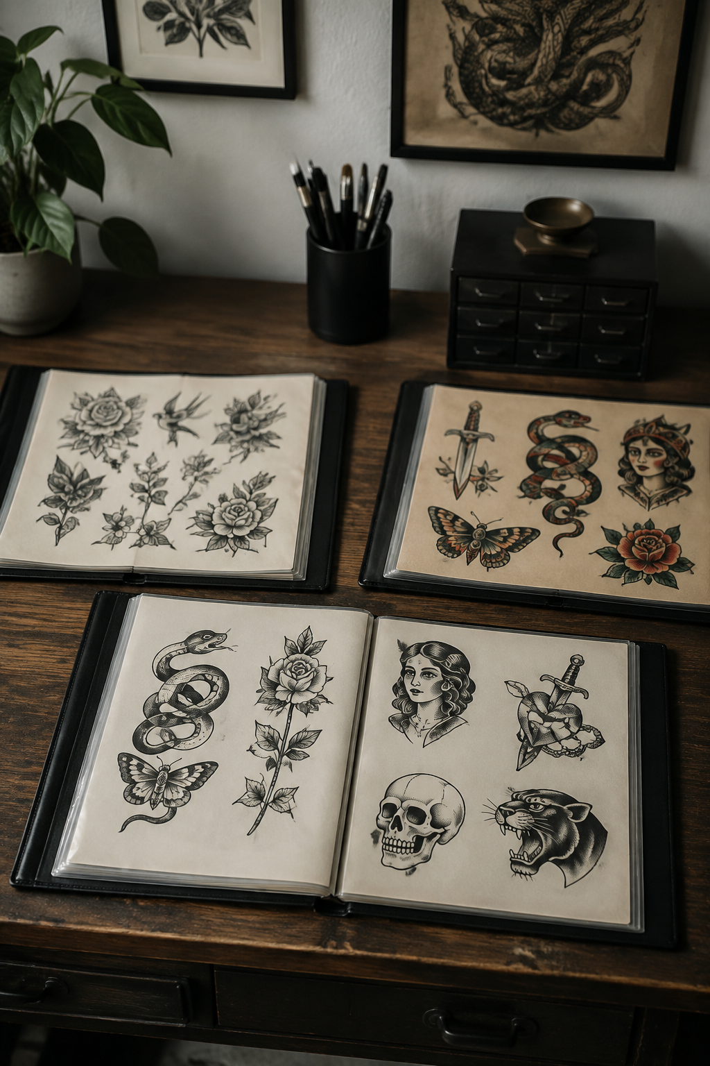 what is a flash tattoo: organized artist-made flash portfolios at a professional studio desk