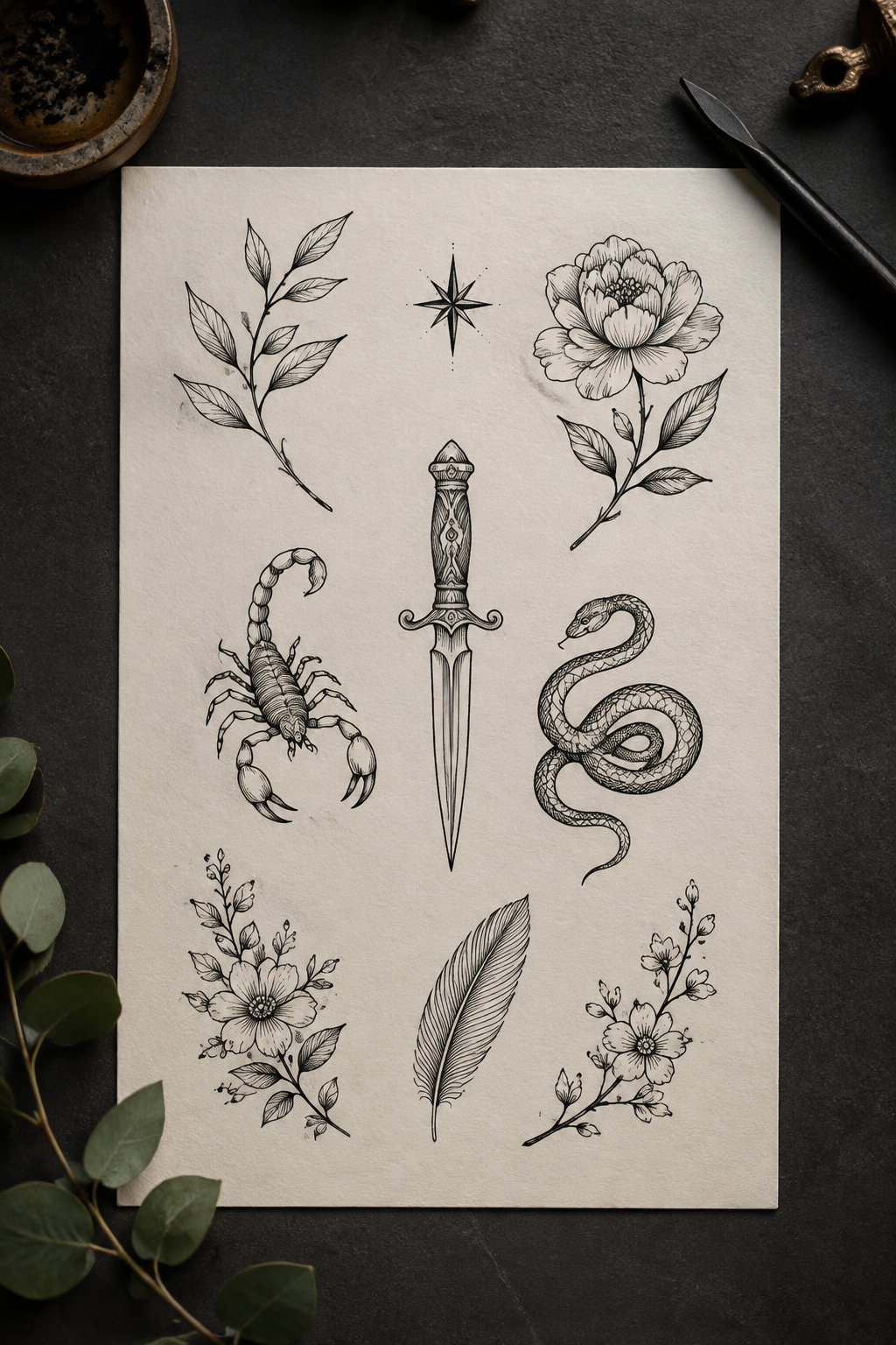 what is a flash tattoo: close study of line weight scale and negative space on tattoo flash paper
